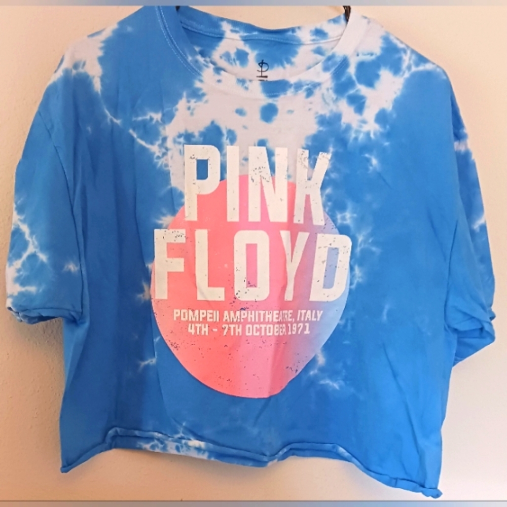 Pink Floyd Crop Top Shirt Large Womens  Blue Short Sleeve Boho Tie Dye Unhemmed